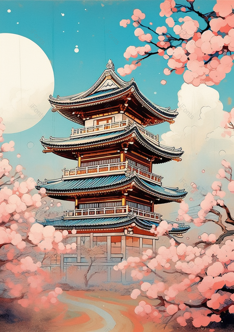 古塔下的桃花盛开中国风插画背景,插画/手绘图,插画/手绘图库,插画/手绘图下载,插画/手绘